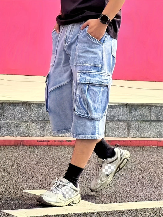Denim cargo shorts for men