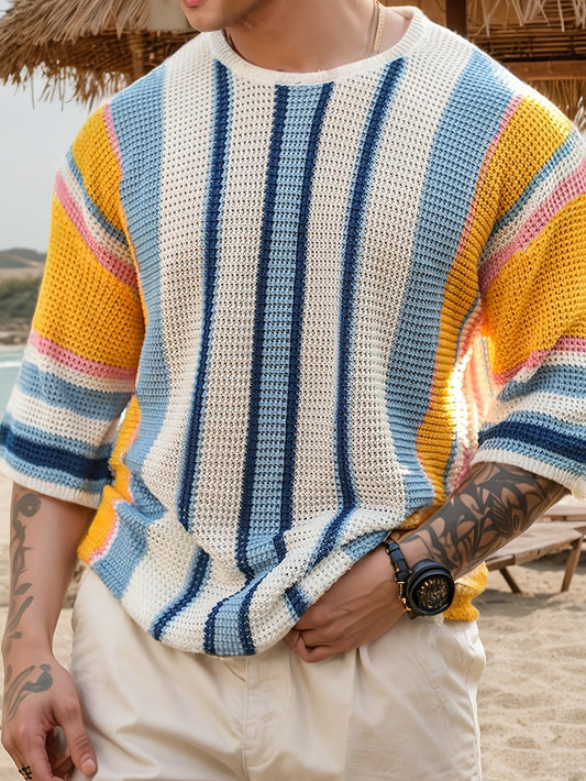 Airy Knitted Men's Sweater with Wide Stripes