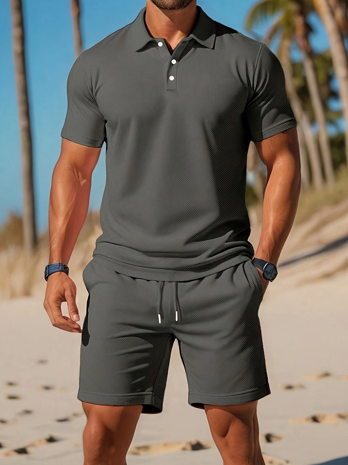 Men's Summer Polo and Shorts Set – Tone-on-Tone Texture