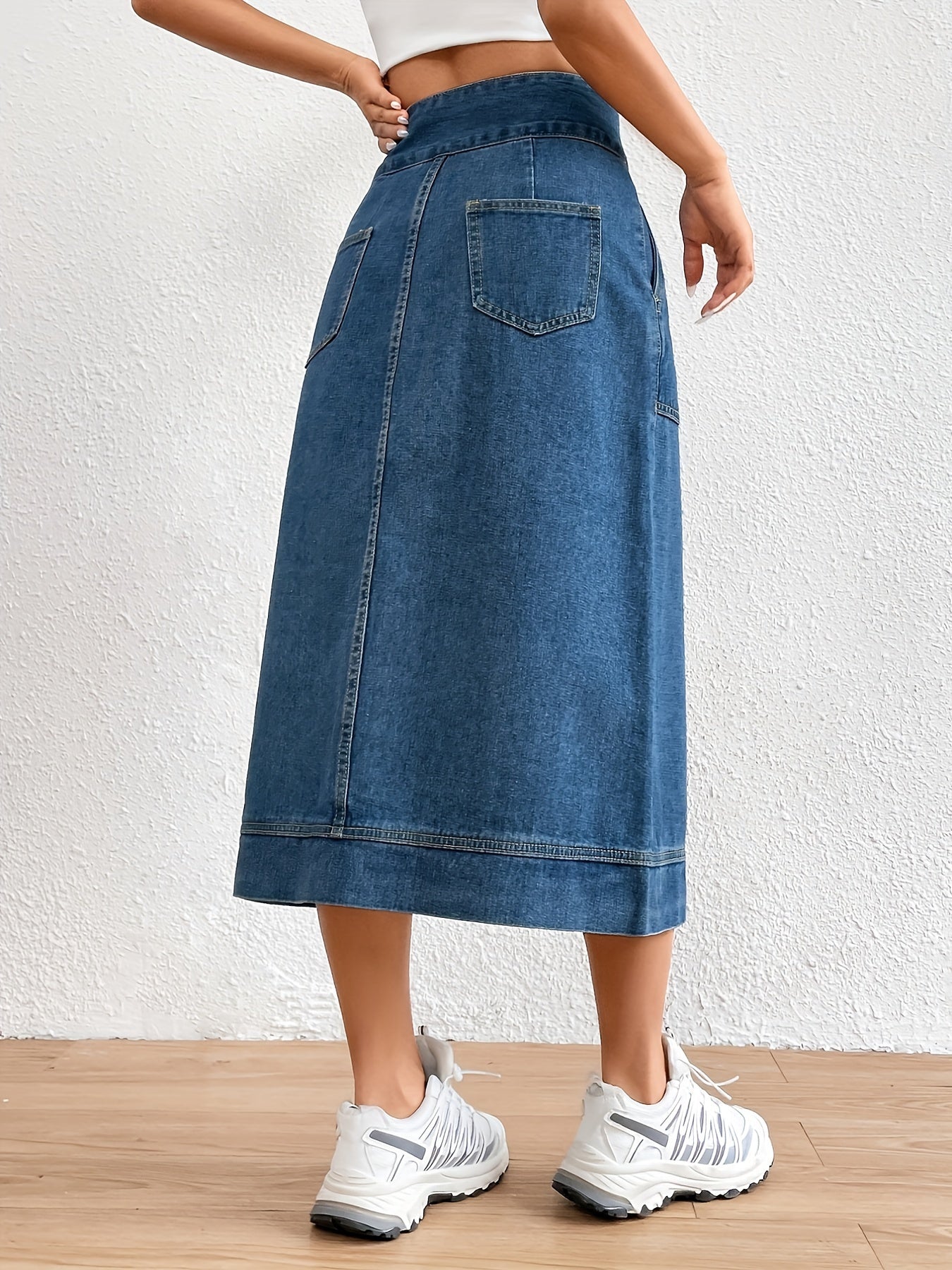Plain Denim Midi Skirt with Tie Belt for Women