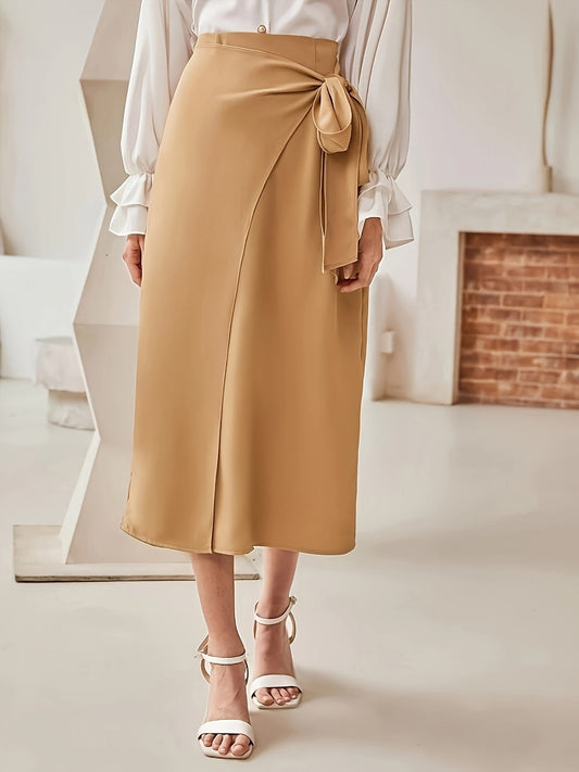 Elegant Plain Wrap Skirt with Bow and High Waist for Women