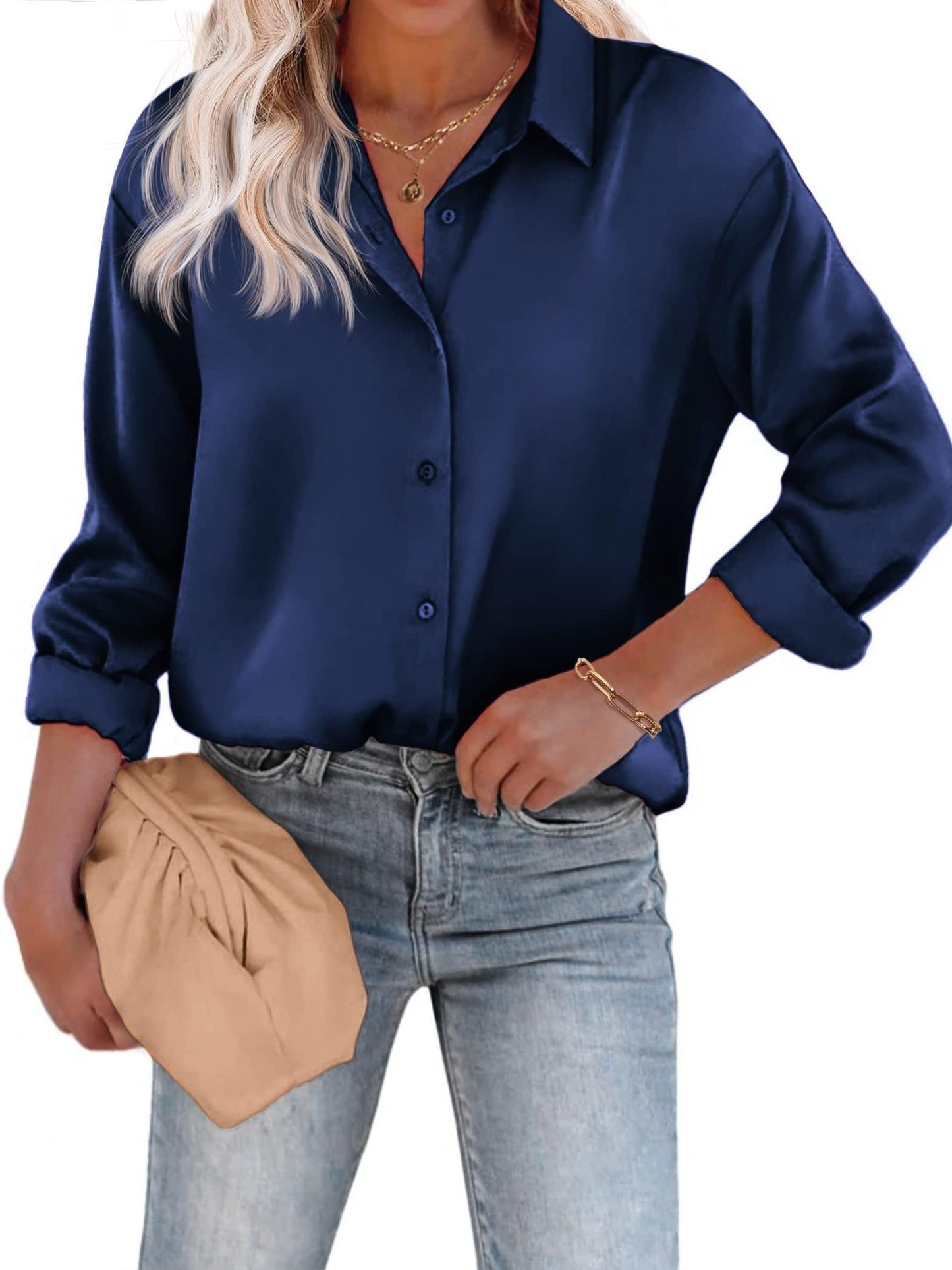 Satin Women's Blouse with Button Closure and Long Sleeves – Casual &amp; Elegant