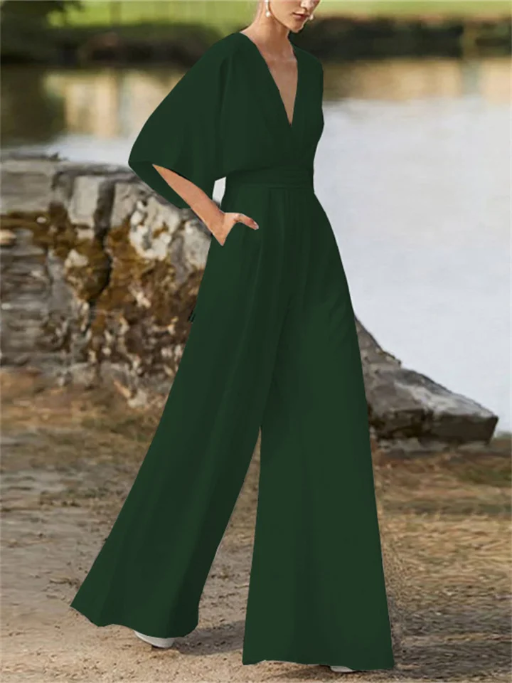 Airy Women's Jumpsuit with V-Neck, Wide Legs and Batwing Sleeves