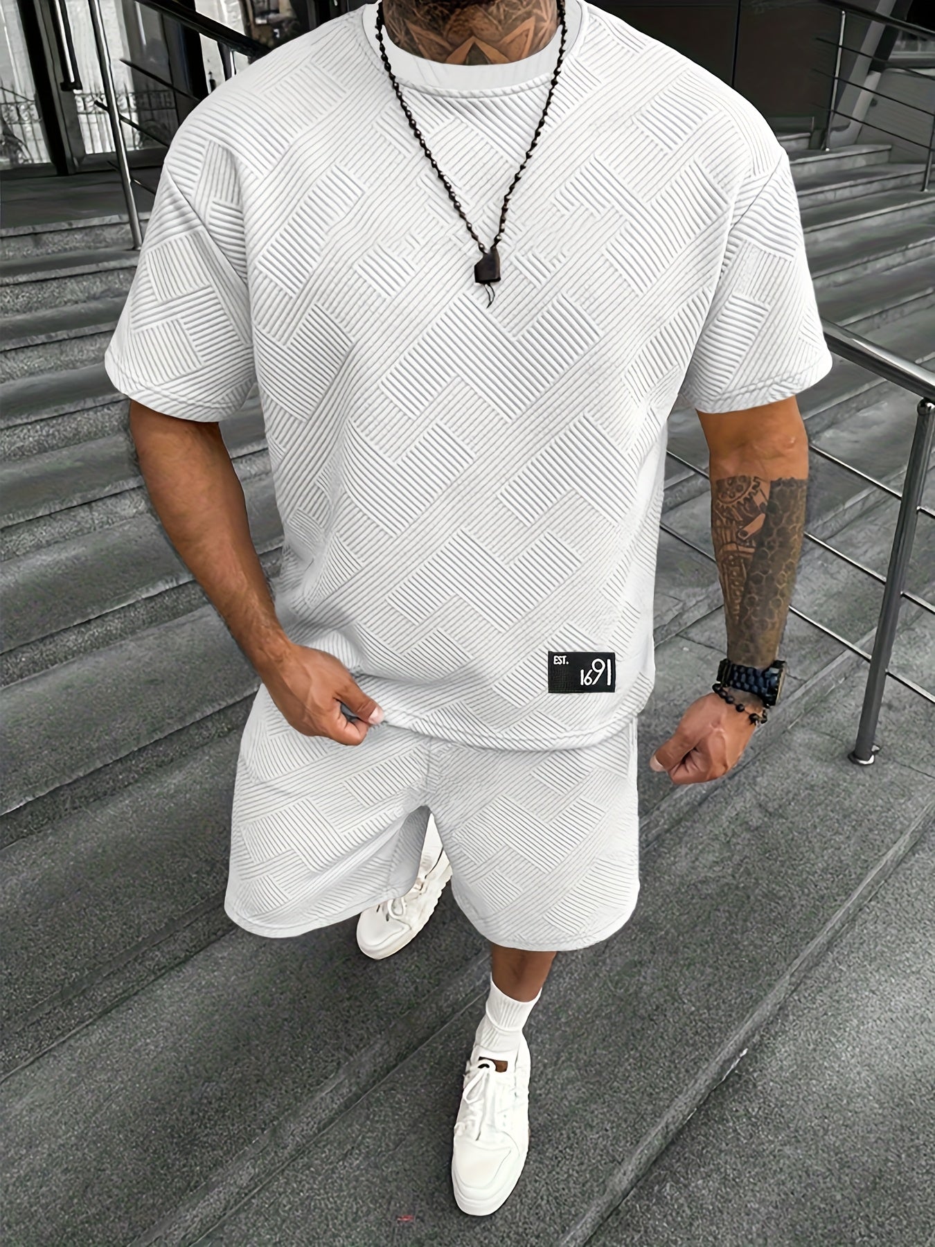Men's Jacquard T-Shirt &amp; Shorts Set – Casual, Sporty Summer Outfit