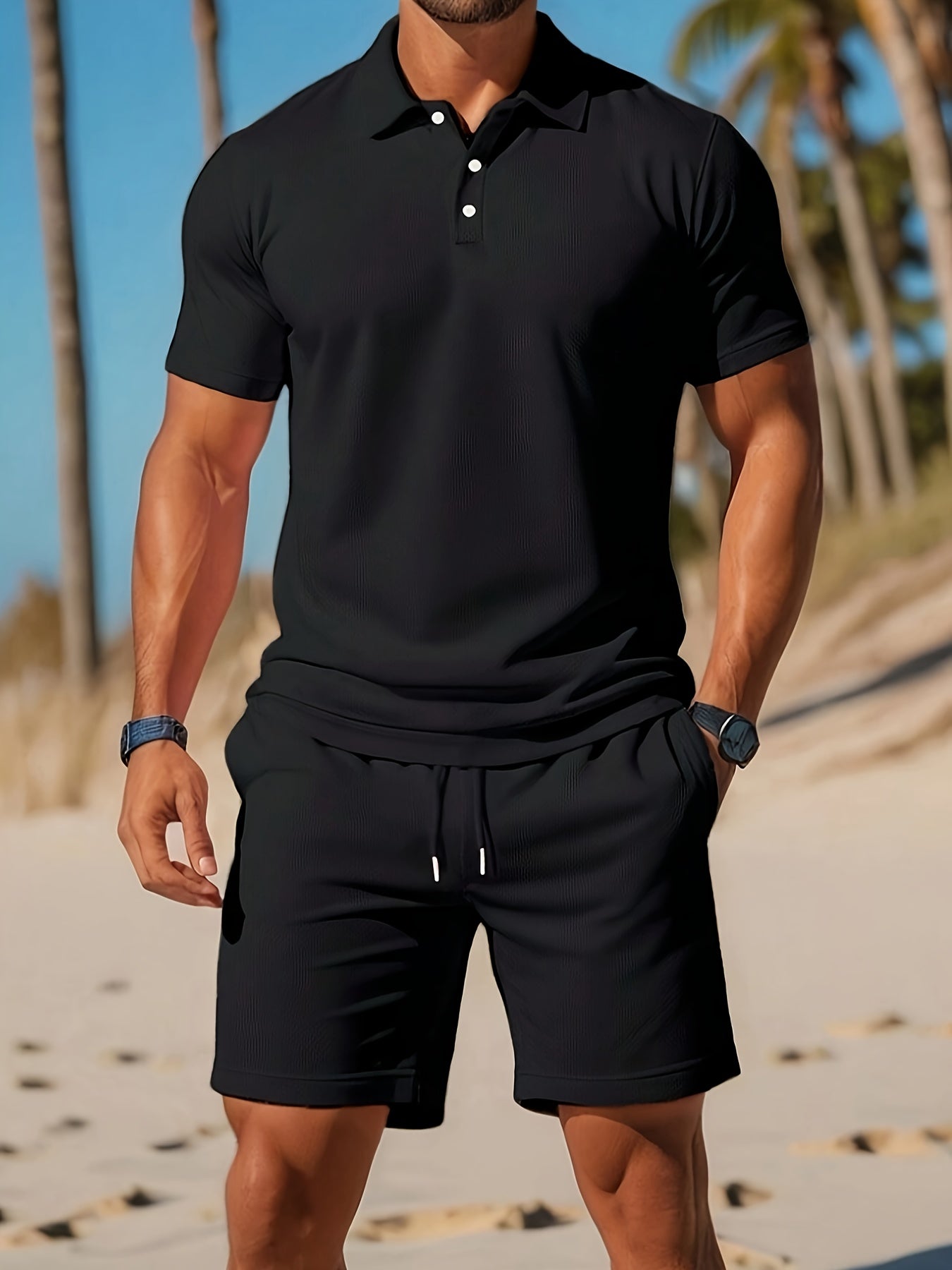 Men's Summer Polo and Shorts Set – Tone-on-Tone Texture