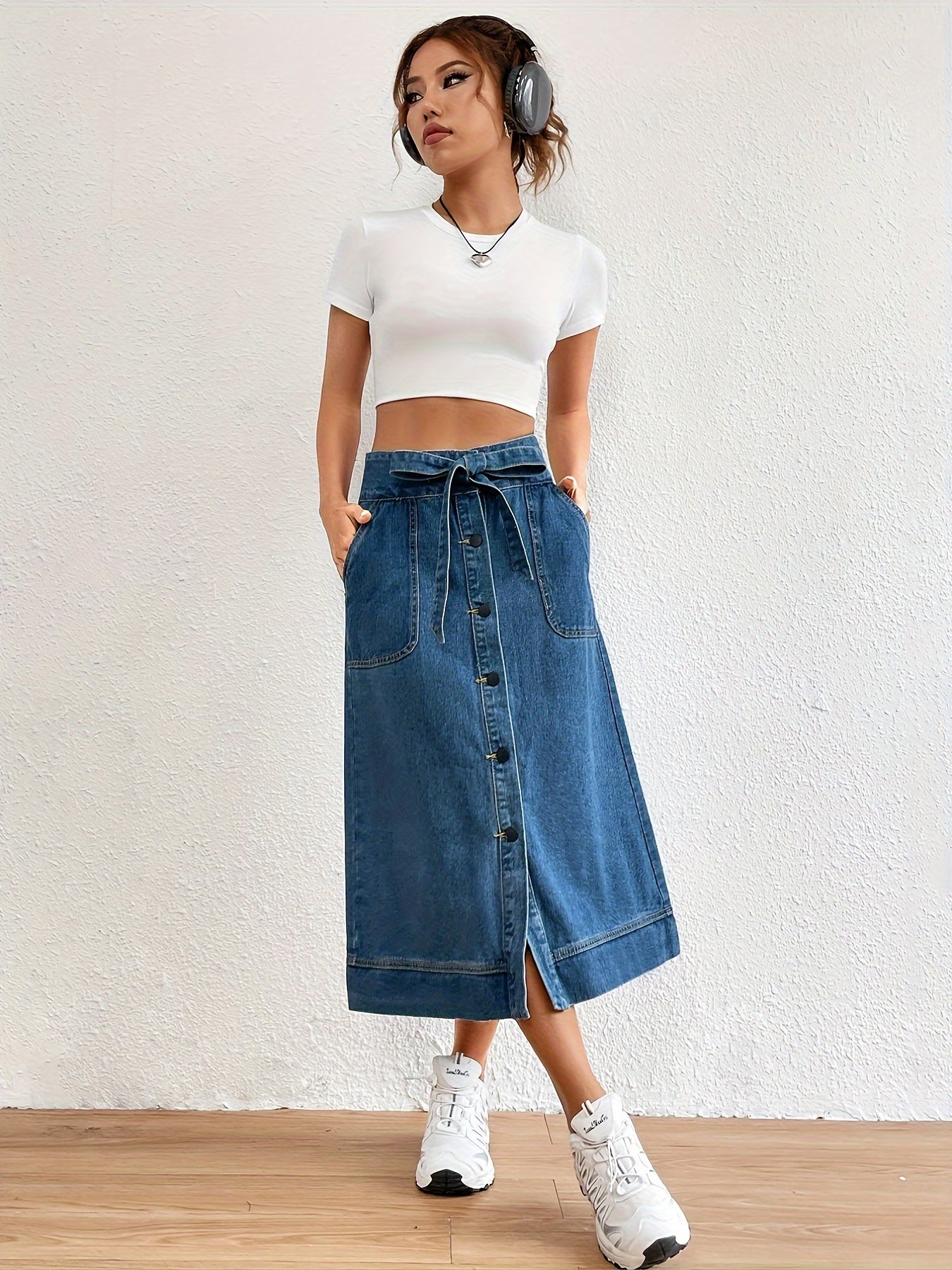 Plain Denim Midi Skirt with Tie Belt for Women