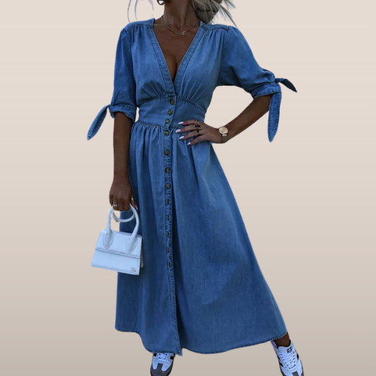 Denim Dress with Tie Sleeves and Fitted Fit