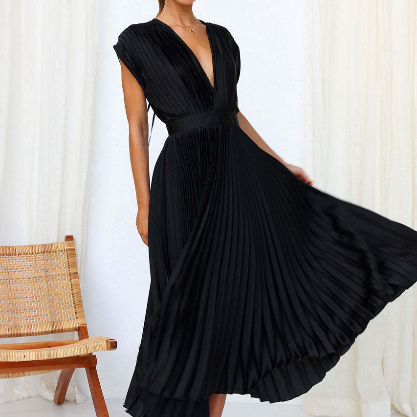 Elegant Maxi Pleated Dress with V-Neck for Women