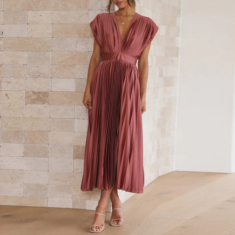 Elegant Maxi Pleated Dress with V-Neck for Women