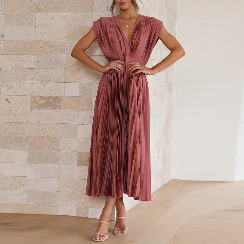 Elegant Maxi Pleated Dress with V-Neck for Women