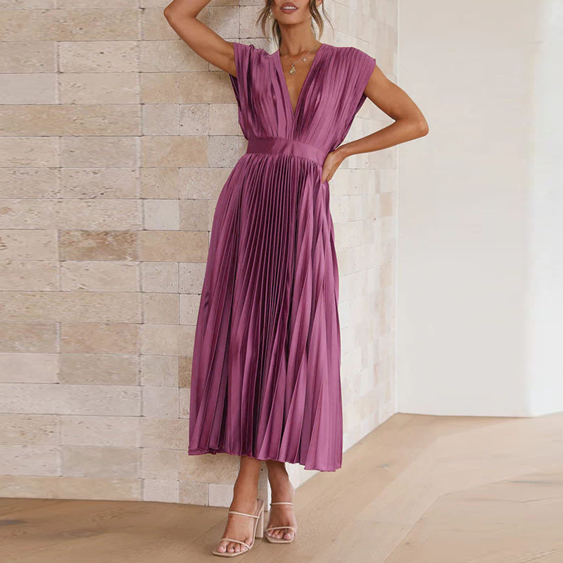 Elegant Maxi Pleated Dress with V-Neck for Women