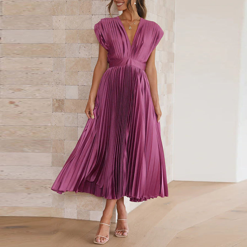 Elegant Maxi Pleated Dress with V-Neck for Women