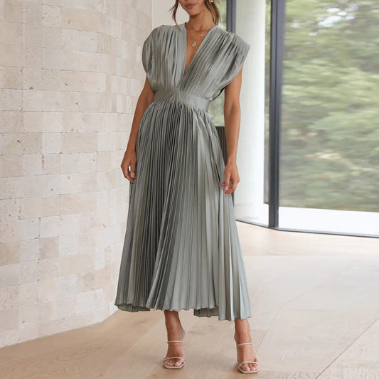 Elegant Maxi Pleated Dress with V-Neck for Women