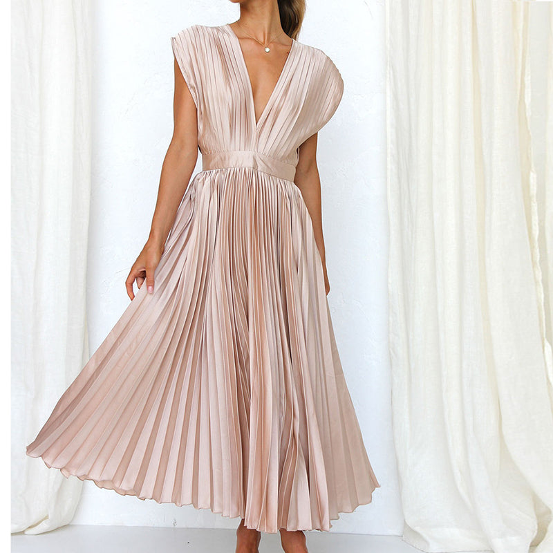 Elegant Maxi Pleated Dress with V-Neck for Women