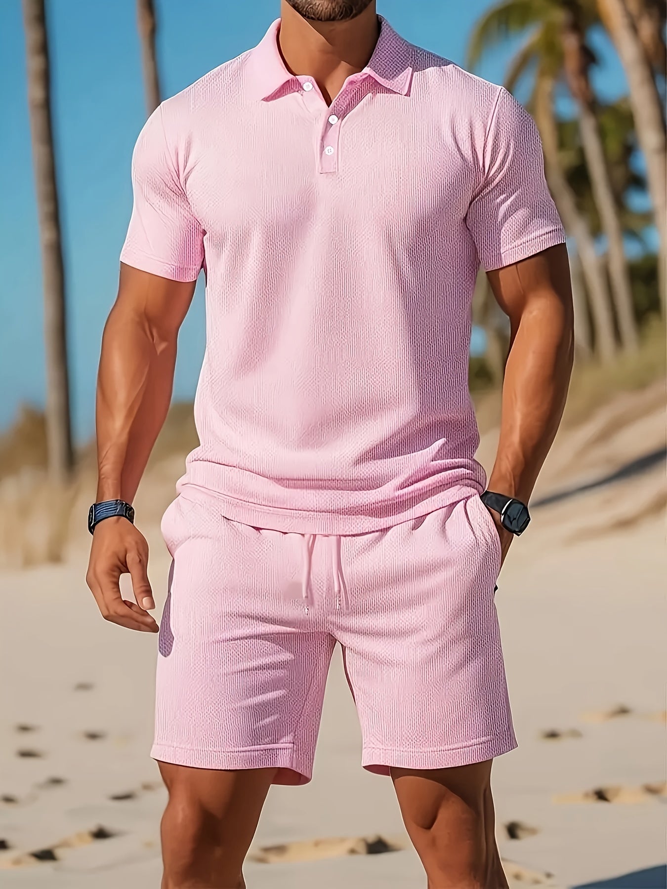 Men's Summer Polo and Shorts Set – Tone-on-Tone Texture