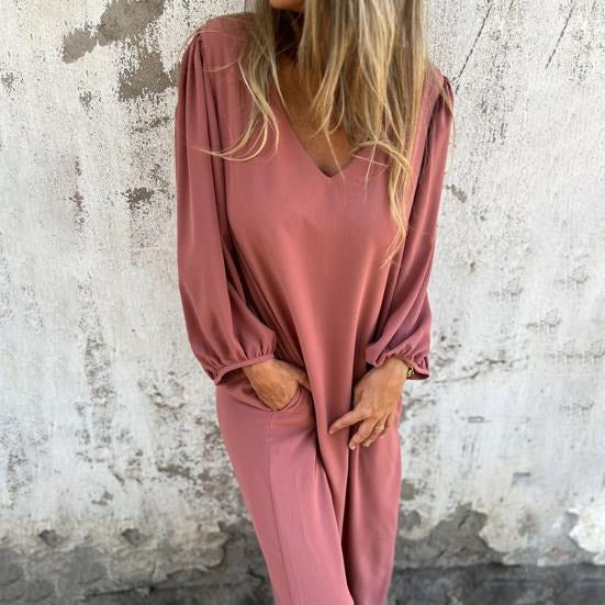 Summer Maxi Dress with Balloon Sleeves and V-Neck