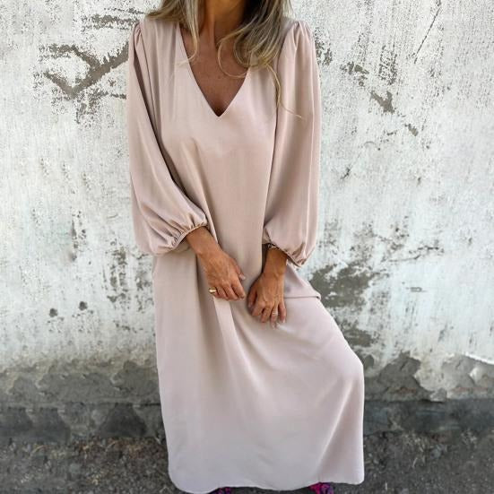 Summer Maxi Dress with Balloon Sleeves and V-Neck