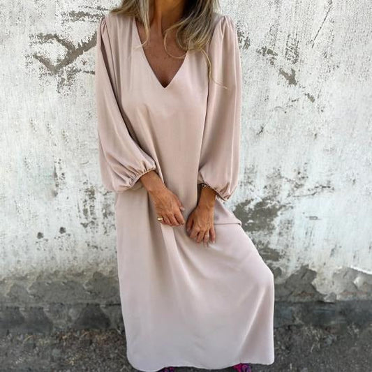 Summer Maxi Dress with Balloon Sleeves and V-Neck