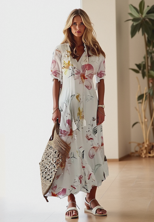 Bohemian Maxi Dress with Waistband and Button Closure – Summer Dress