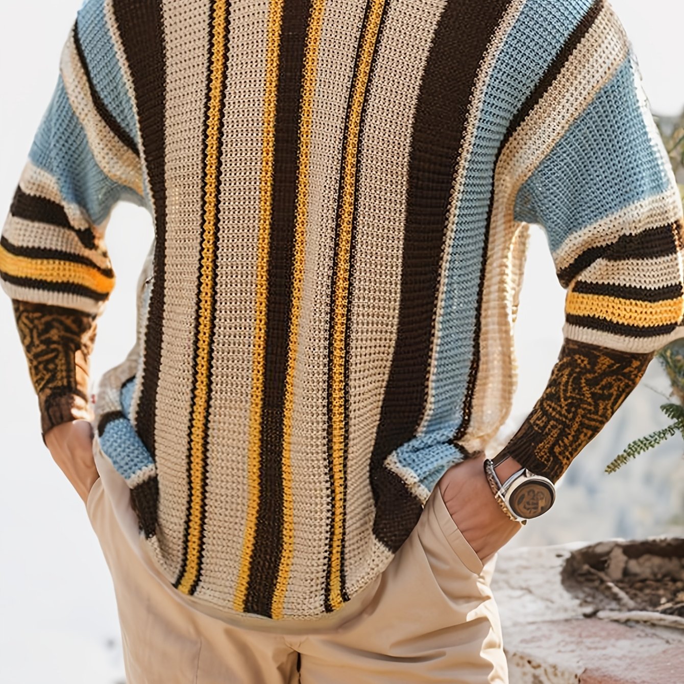 Airy Knitted Men's Sweater with Wide Stripes
