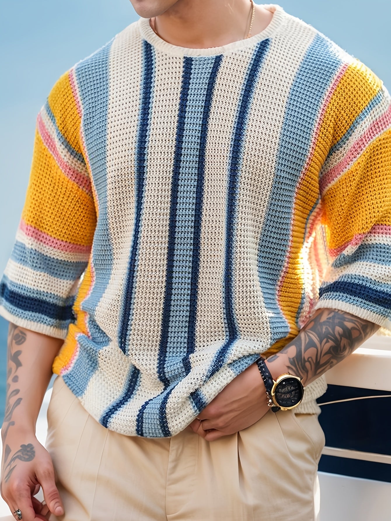 Airy Knitted Men's Sweater with Wide Stripes
