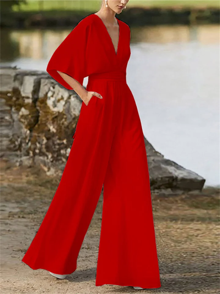 Airy Women's Jumpsuit with V-Neck, Wide Legs and Batwing Sleeves