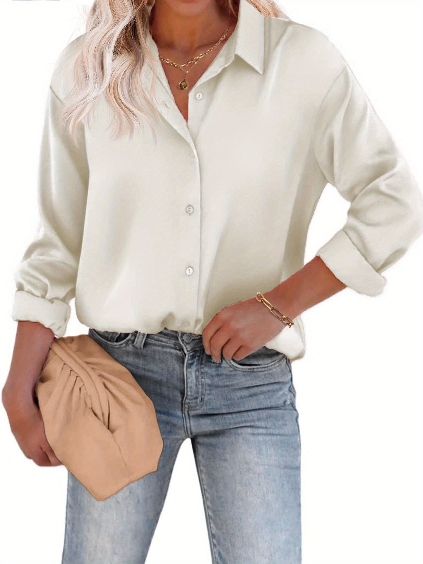 Satin Women's Blouse with Button Closure and Long Sleeves – Casual &amp; Elegant