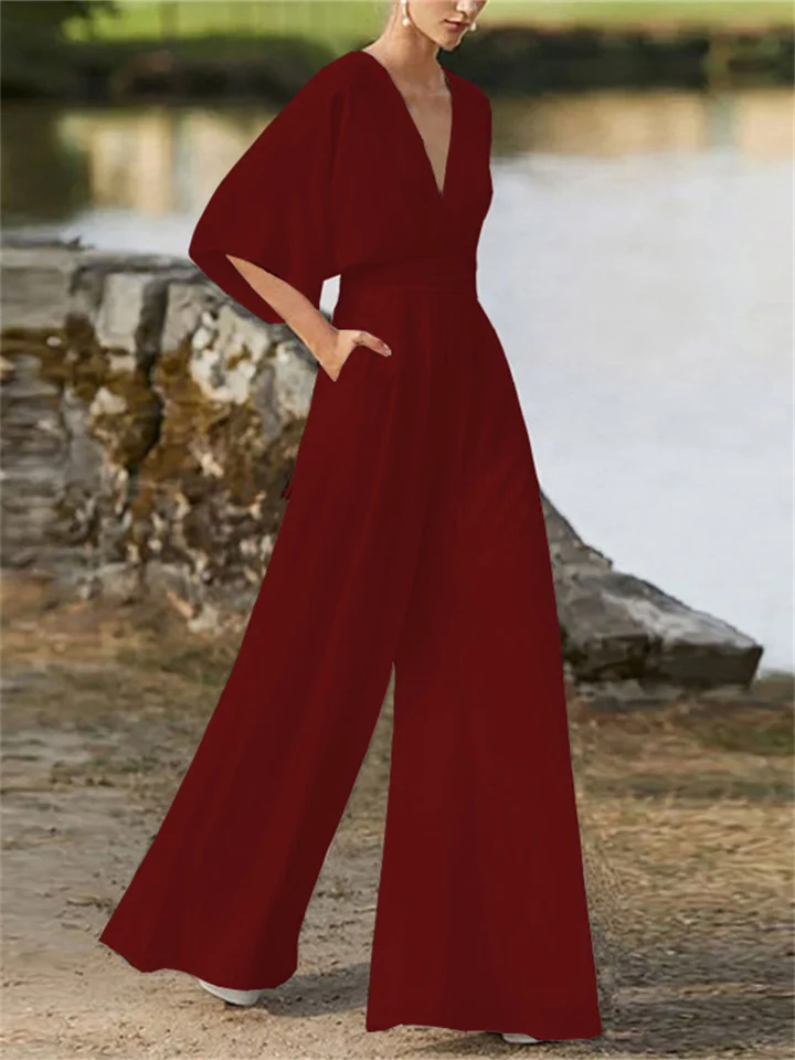 Airy Women's Jumpsuit with V-Neck, Wide Legs and Batwing Sleeves