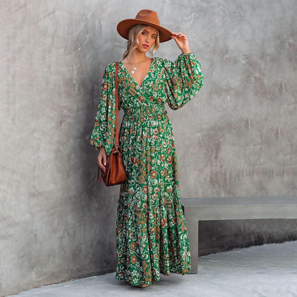 Bohemian Green Maxi Dress with Floral Print for Women