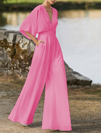 Airy Women's Jumpsuit with V-Neck, Wide Legs and Batwing Sleeves