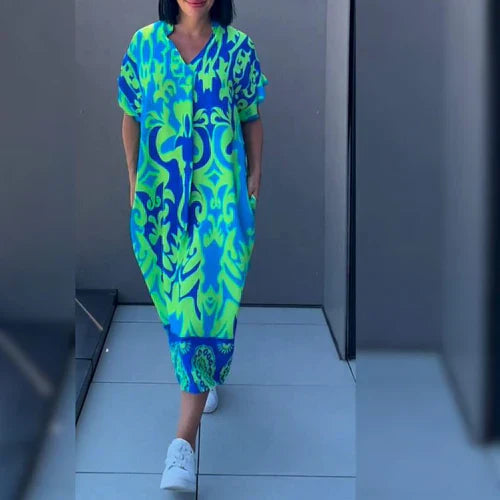 Long Women's Kaftan Dress with a Cheerful Print and an Airy Fit