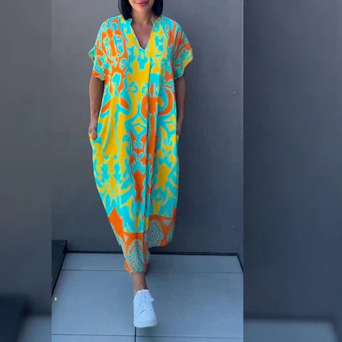 Long Women's Kaftan Dress with a Cheerful Print and an Airy Fit