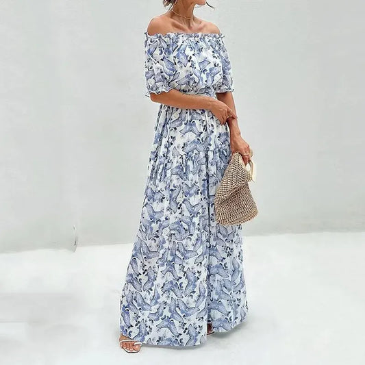 Long Off-Shoulder Summer Dress with Floral Print and Elegant Fit