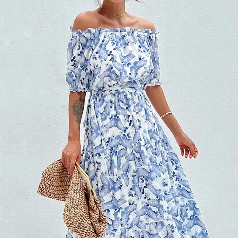 Long Off-Shoulder Summer Dress with Floral Print and Elegant Fit