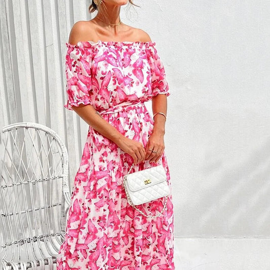 Long Off-Shoulder Summer Dress with Floral Print and Elegant Fit