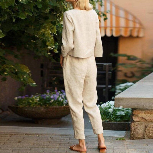 Linen Women's Set - Lightweight with Button Closure &amp; Adjustable Waist