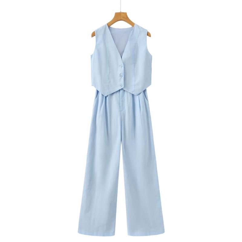Women's Linen Set - Vest &amp; Wide Trousers for Summer