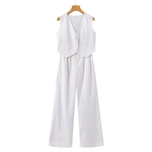 Women's Linen Set - Vest &amp; Wide Trousers for Summer