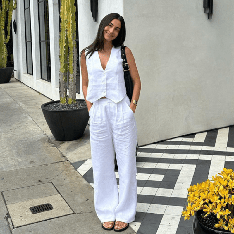 Women's Linen Set - Vest &amp; Wide Trousers for Summer