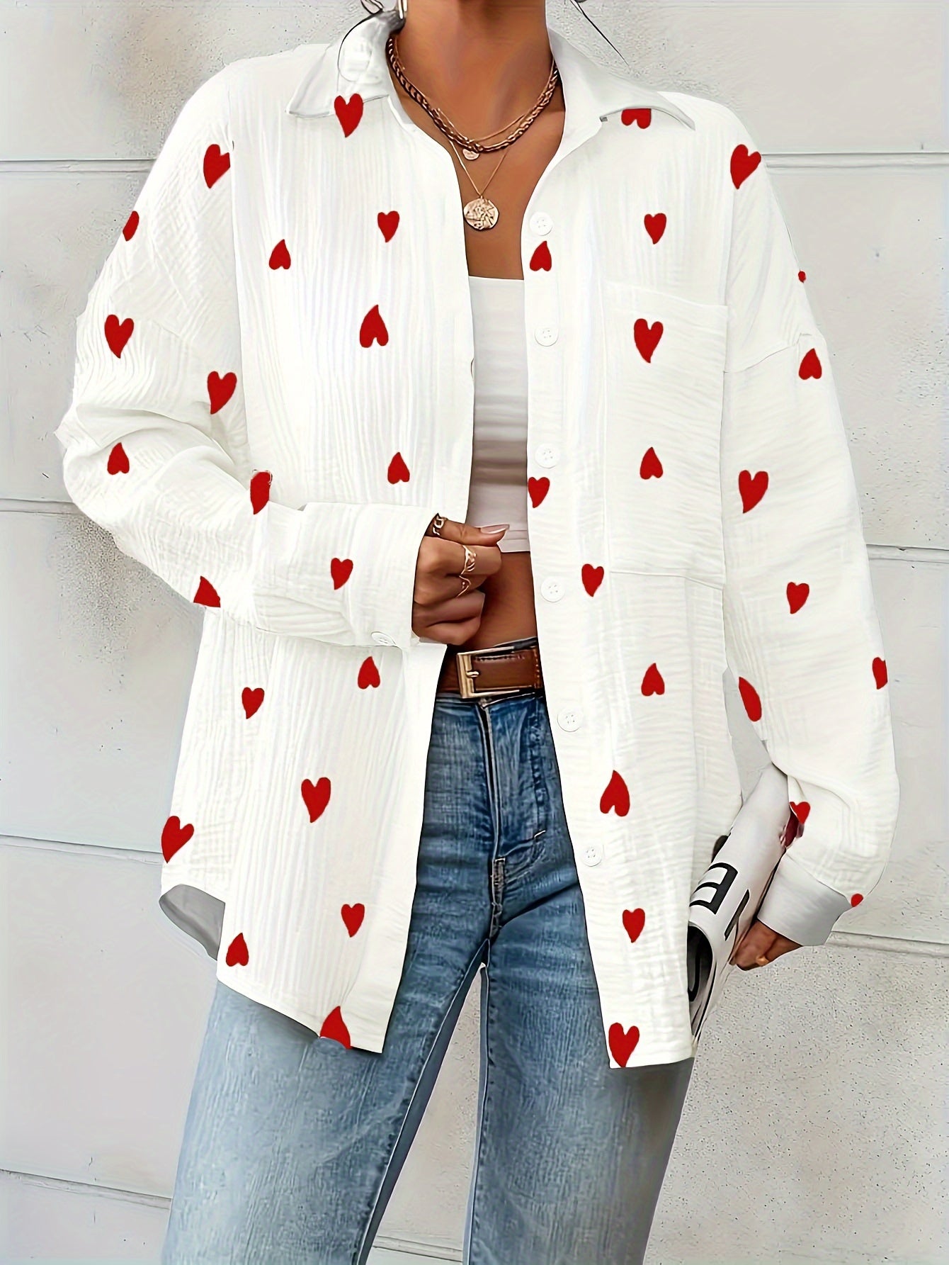 Cotton Women's Shirt with Heart Print and Long Sleeves