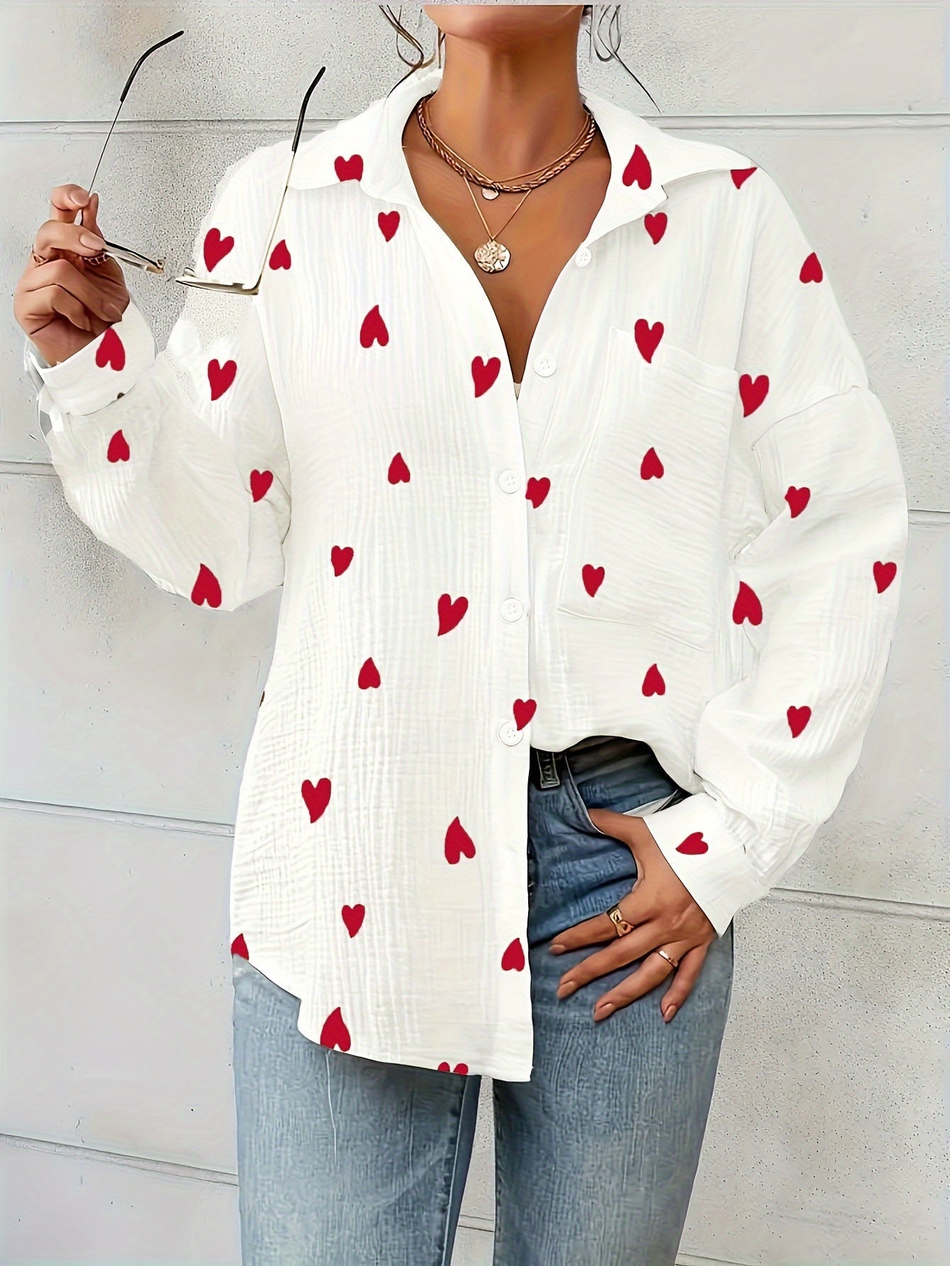 Cotton Women's Shirt with Heart Print and Long Sleeves