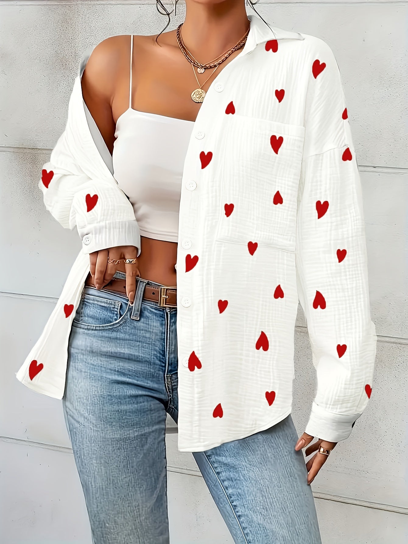 Cotton Women's Shirt with Heart Print and Long Sleeves