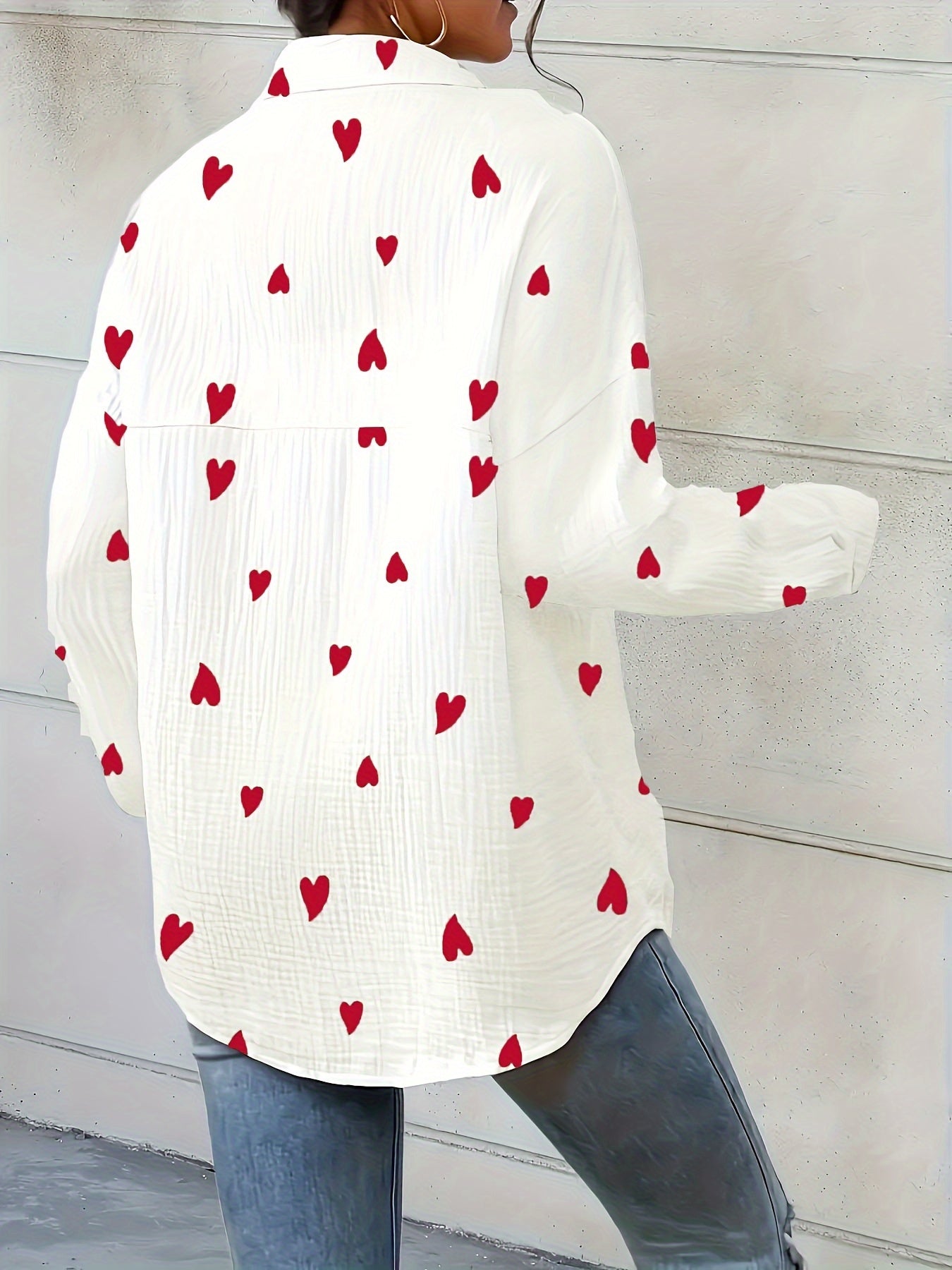 Cotton Women's Shirt with Heart Print and Long Sleeves
