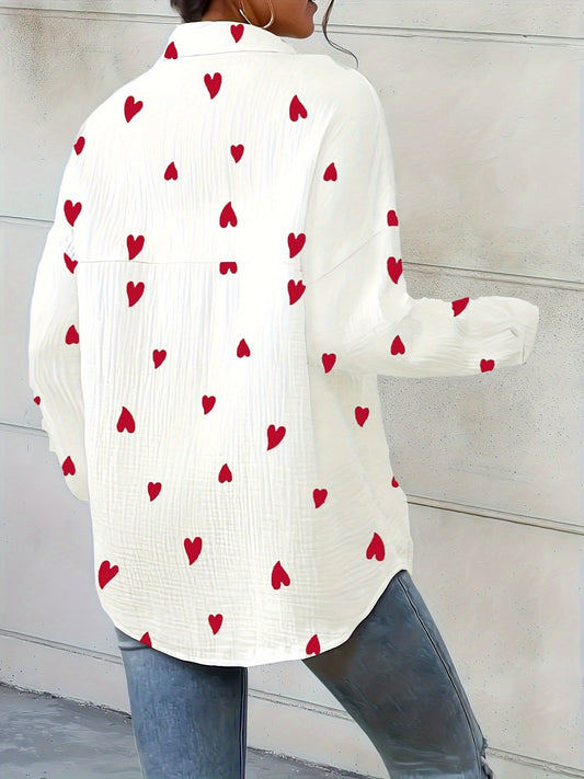 Cotton Women's Shirt with Heart Print and Long Sleeves