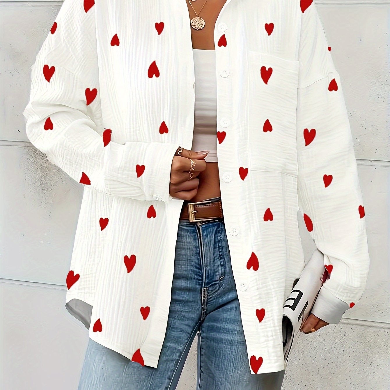Cotton Women's Shirt with Heart Print and Long Sleeves