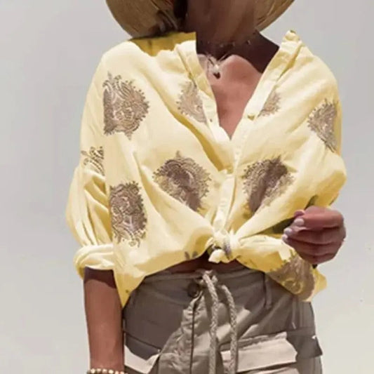 Summer Embroidered Blouse with Button Detail