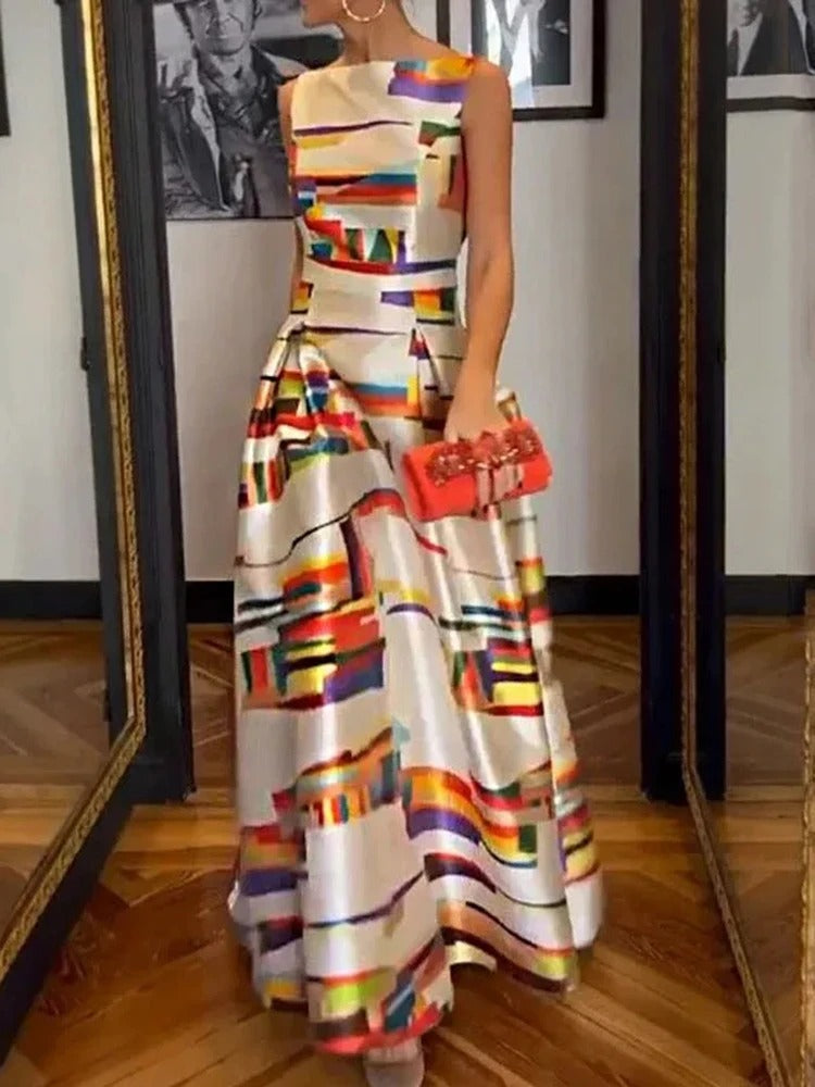 Elegant Sleeveless Evening Dress with Graphic Print and Raised Waistline