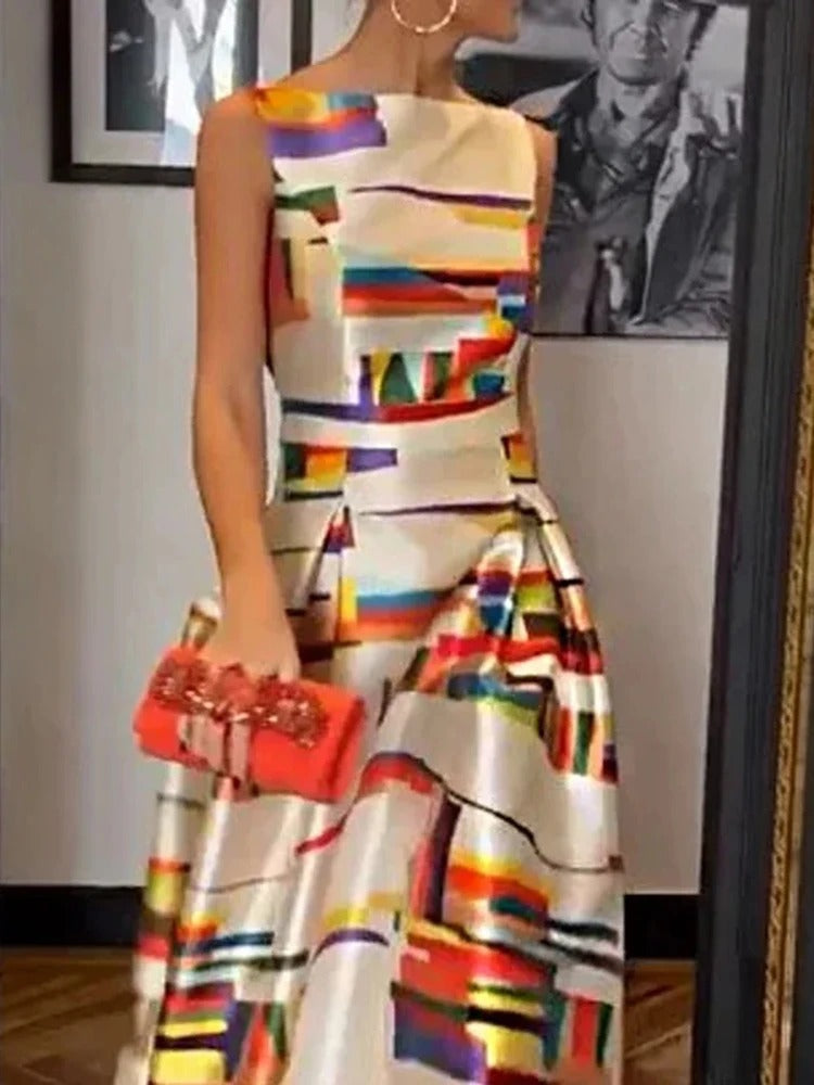 Elegant Sleeveless Evening Dress with Graphic Print and Raised Waistline