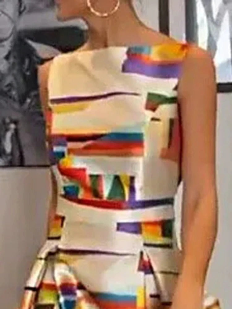 Elegant Sleeveless Evening Dress with Graphic Print and Raised Waistline