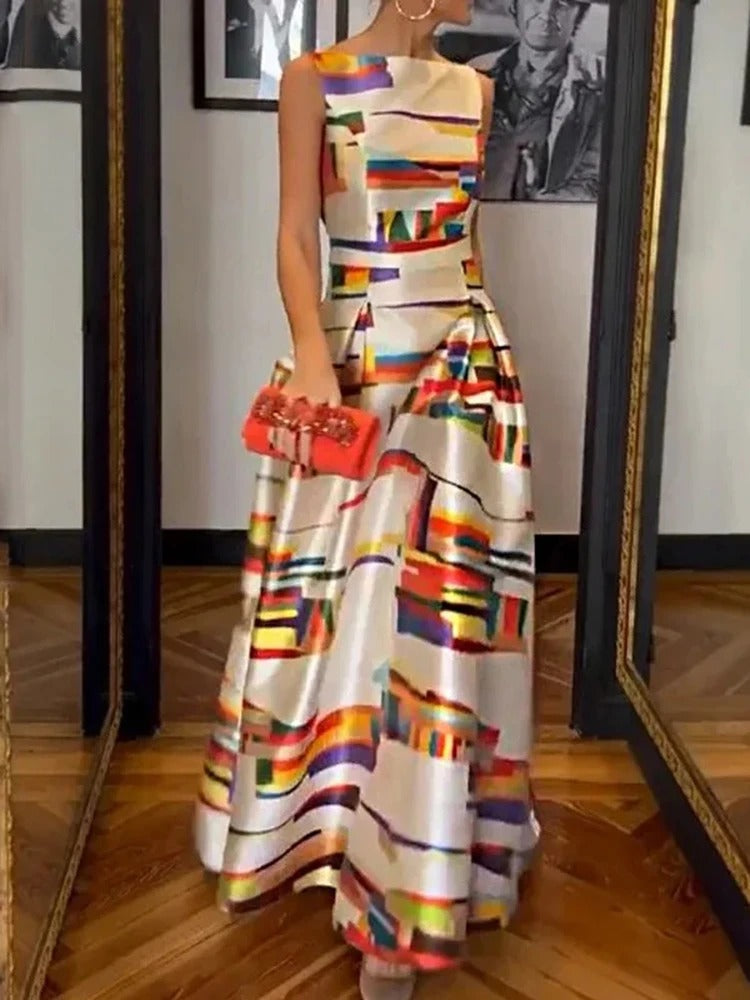 Elegant Sleeveless Evening Dress with Graphic Print and Raised Waistline
